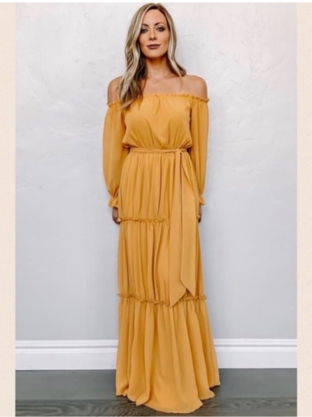 Baltic Born Mustard Off-Shoulder Tiered Maxi Dress with Waist Tie
